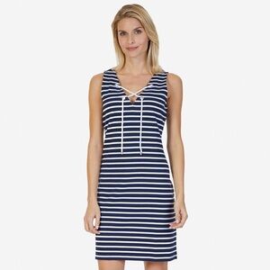 Nautica Lace-Up Striped Sleeveless Shift Dress Navy Blue Nautical Cotton